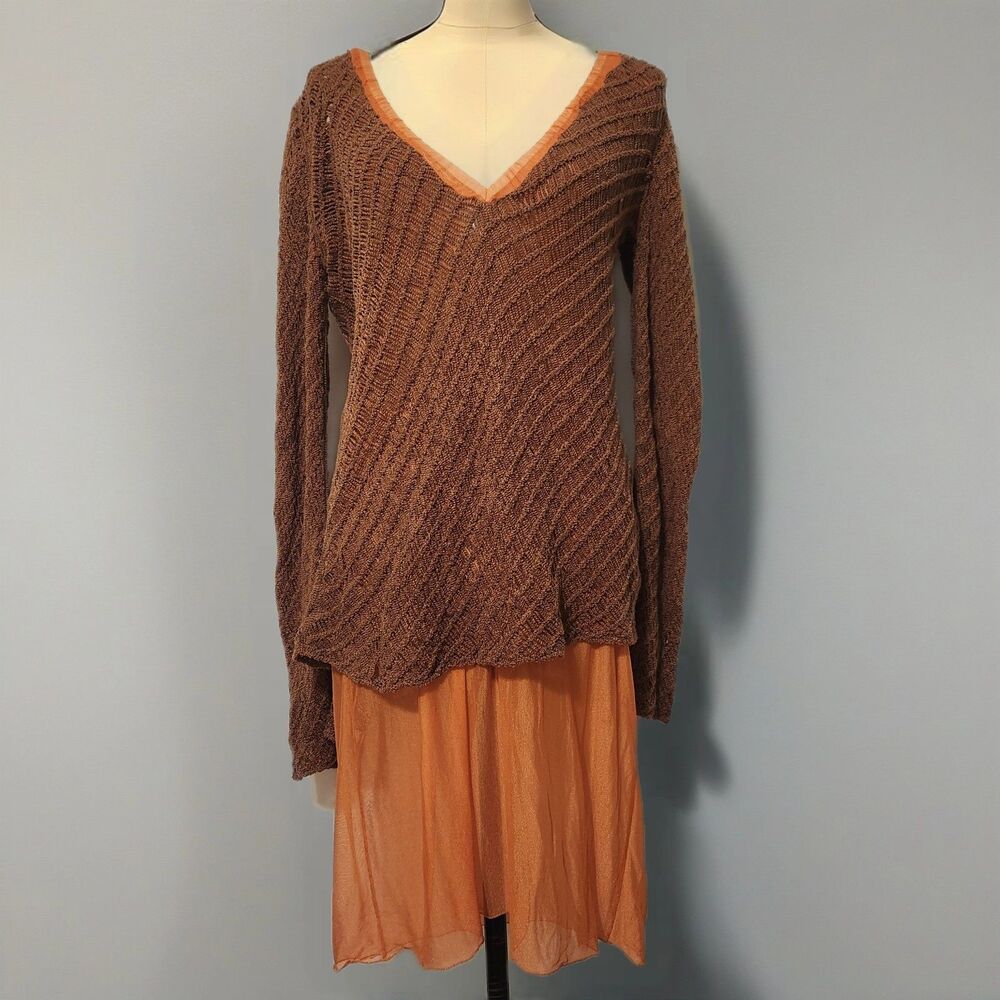 Vintage 90s Fendi Crochet Knit Mesh Dress Flare Sleeve Sheer Brown Peach Flawed